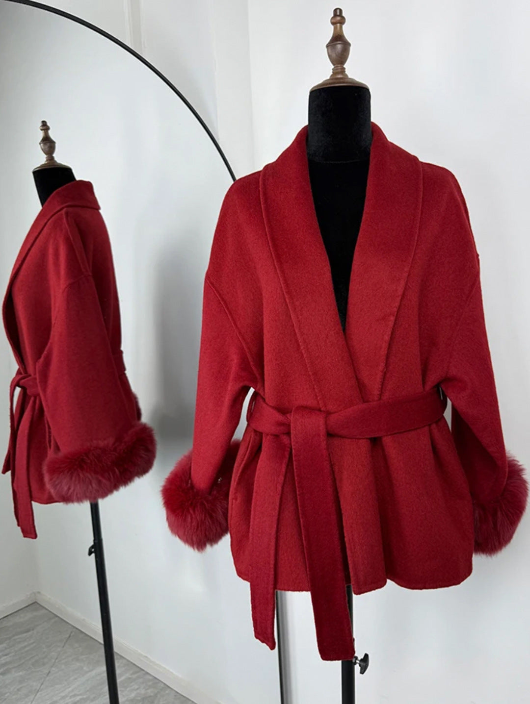 Fur V-neck Lace-up French Woolen Coat