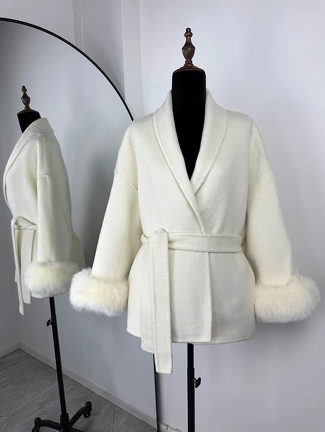 Fur V-neck Lace-up French Woolen Coat