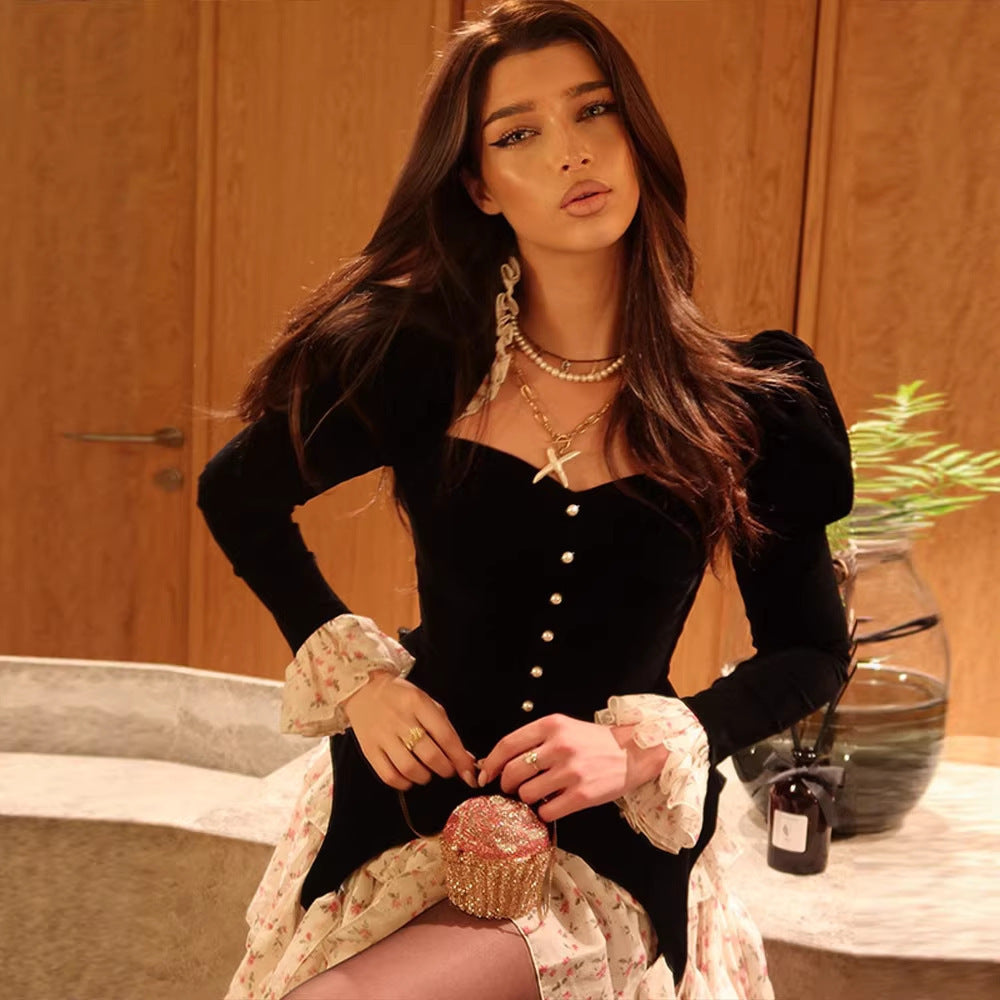 Fashionable Velvet Patchwork Printed Elegant Diamond-Embellished Waist-Cinching Mini Dress