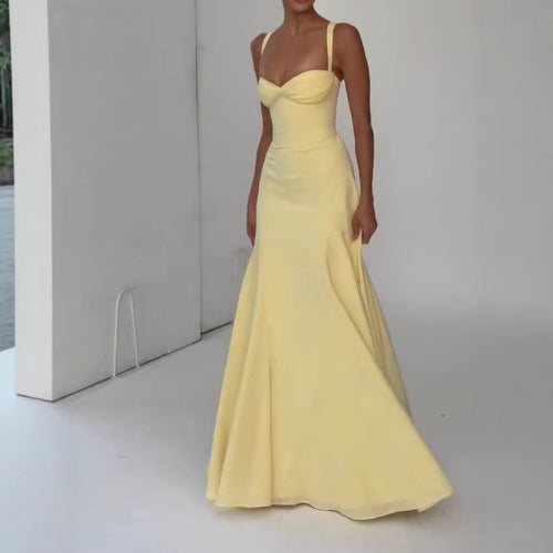 Backless Solid Color Asymmetrical Strap Long Dress