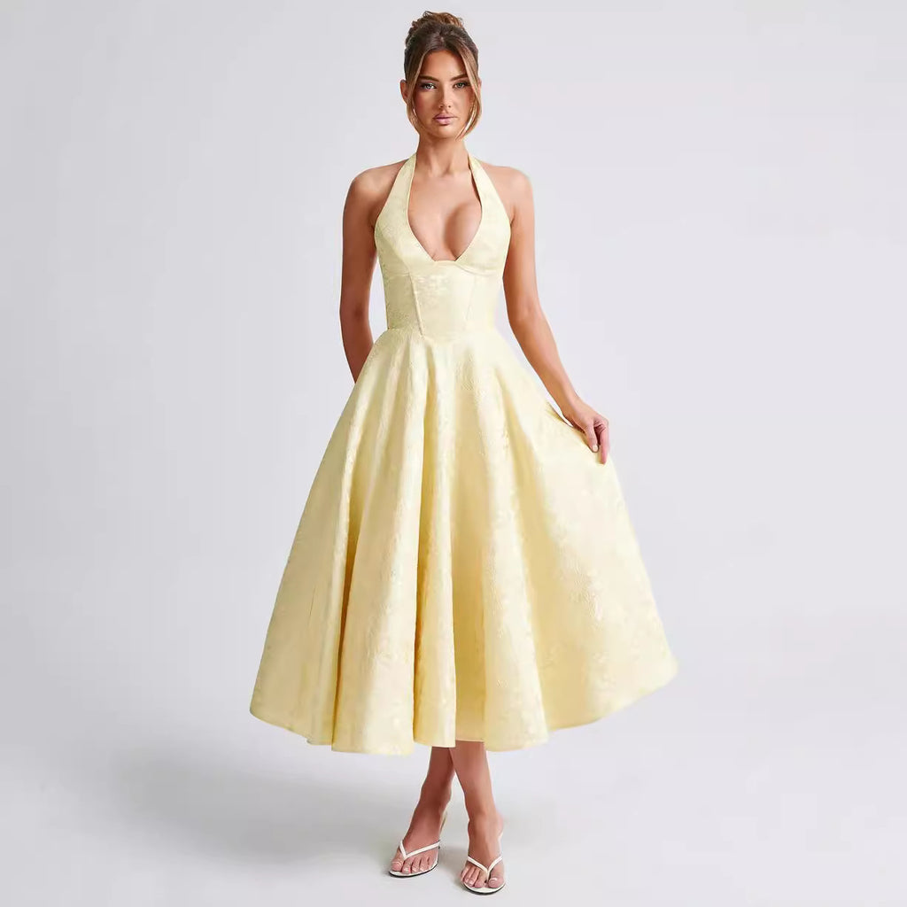 V-neck Halter Sleeveless Jacquard Lace-up Waist Vacation Style Long Senior Dress