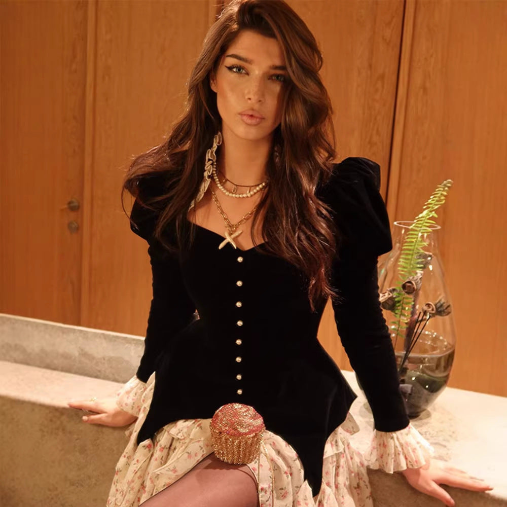 Fashionable Velvet Patchwork Printed Elegant Diamond-Embellished Waist-Cinching Mini Dress